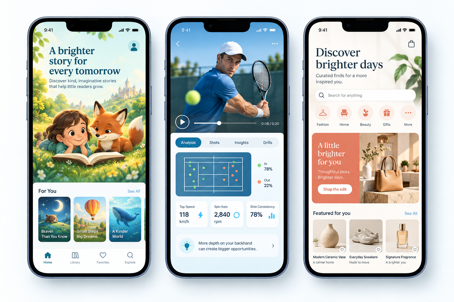 Concept previews of Kids Readers, Tennis Coach, and PlazaGo