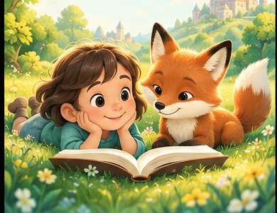 Concept artwork for Kids Readers, showing a child reading with a fox